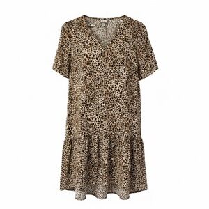 a new day, Leopard Print V-Neck Tiered Smock Dress Small Brown Purple | Size S